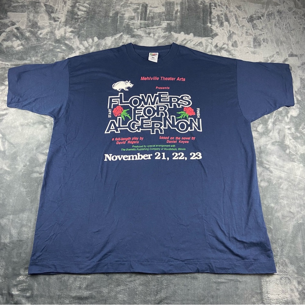 Vintage Flowers for Algernon T Shirt Blue Mens Size 2XL Book